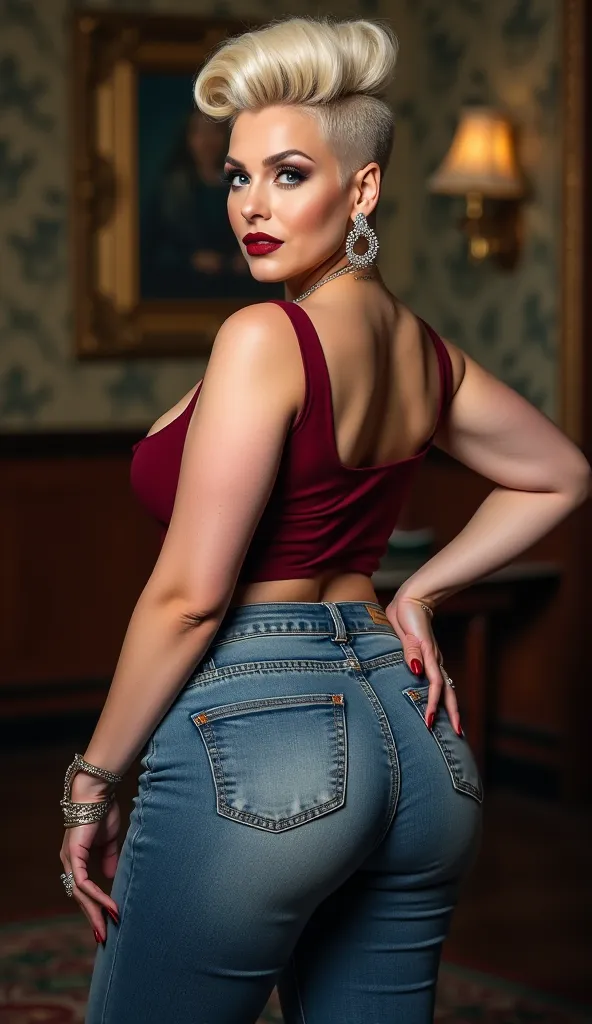  full body image ,old woman,ex porn actress , big ass, dick , short blonde high styled hair, hairdresser, tight butt accentuating jeans, tight belt,   curvy body, heavily made up, matte burgundy red lipstick, Lots of jewelry,  huge earrings , long red fake...