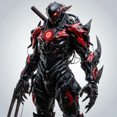 Masterpiece:1.2), (Ultra-detailed:1.2), (8K), (Hyper-realistic), (Full-body), (Cybernetic humanoid hunter), (Sleek black and red cyber armor), (Glowing visor with advanced targeting system), (Exposed mechanical joints and high-tech wiring), (Enhanced cyber...