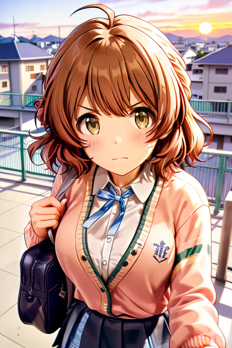 TOP QUALITY, masterpiece, high definition, Alone, Hanami Yume _Gakuen Idolmaster, Medium Short Hair, orange-brown hair, brown eyes,  height 158 cm, 1 girl,  high school uniform,  serious expression, larger breasts, school bag, first-person perspective, Hig...