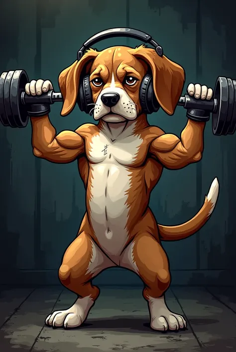 Design a tattoo pattern，Beagle with music headphones lifting dumbbells and growing muscles，Compare Dark Cartoon Style