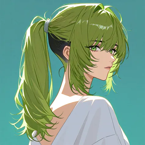 Create a green-haired, green-eyed girl anime with an Undercut hairstyle below the hair. On the top, the hair is tied up in a ponytail and there is a gradient of layers of hair to give it volume and look a little messy in the style of the wolf cut. There is...