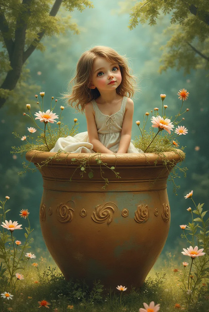 A girl sitting in a pot