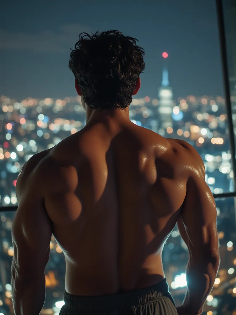 handsome and muscular man , 30 years old,   disheveled black hair ,  has a bare muscular back ,  He's looking at the city of London from a balcony, While smoking ,  it's nighttime, he has his back facing the city,  is an athletic man , slightly large muscu...