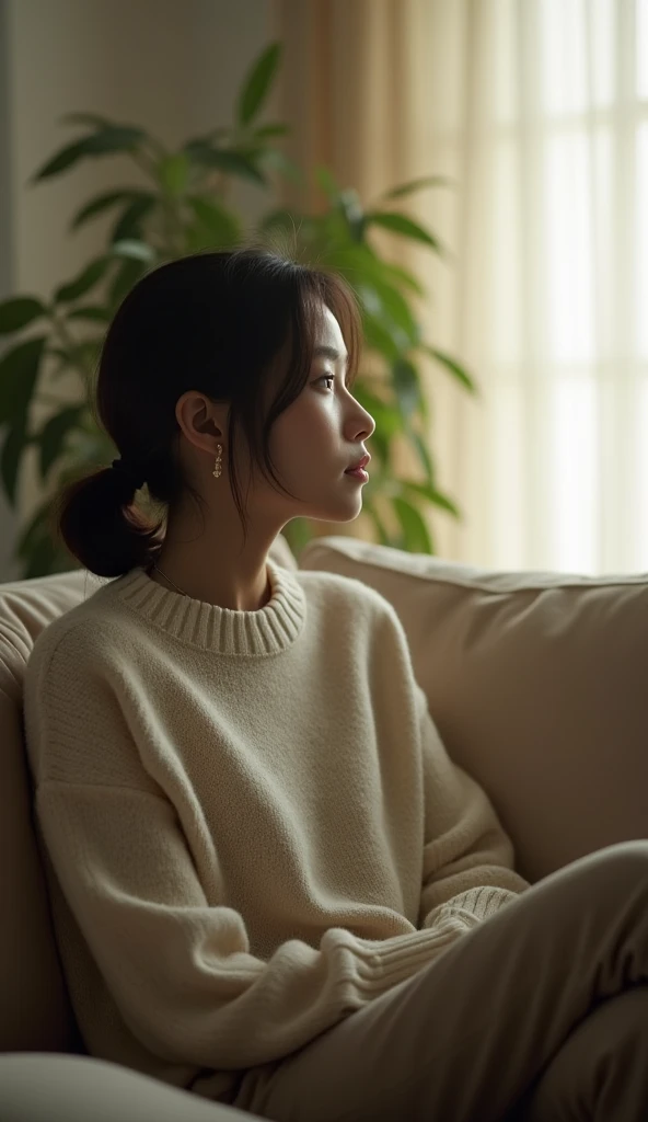 An Asian woman, about 30 years old, light skin, wearing a light sweater and long pants, sits far away from her lover on the sofa in the living room. She looks into the distance, not paying attention to the man trying to talk. The room has soft light from t...