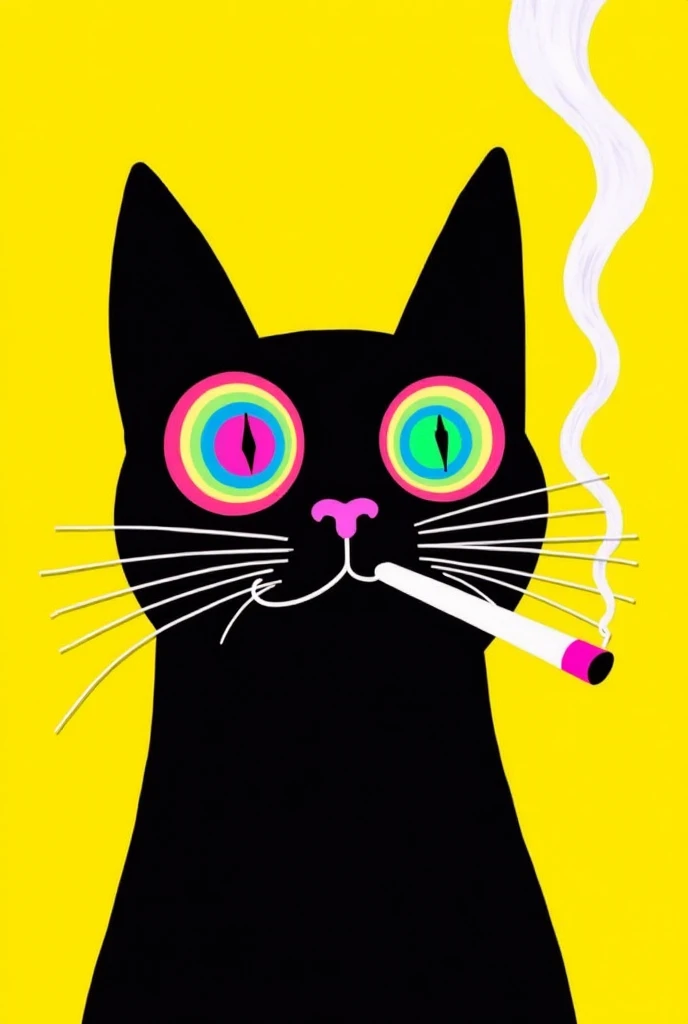 Create a vibrant, psychedelic illustration of a black cat's face with hypnotic spiral eyes, filled with neon colors such as pink, blue, green and yellow. The cat must have a minimalist design, with clean lines and a solid background of striking color, like...