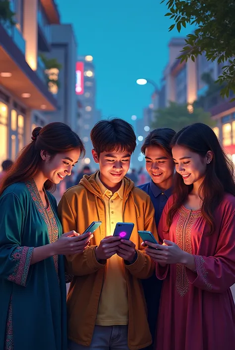 an image of Uzbek youth using mobile phones while browsing the internet instagram in a modern outdoor setting.
 Horizontal image