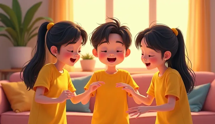 3 female Vietnamese elementary school students and 1 male friend enter the living room to play a game. They were all wearing yellow t-shirts.. pixar 2d