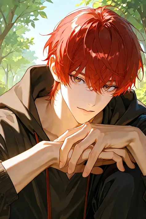 4k , 8k , (only 1male red hair color with brown eyes color) , ((with  no hair bang style)) , short hair style , 25 years old , adult , park environments , good focus , ตรงตามกายวิภาคมนุษย์ ,ร่างกายสมส่วน , anime eyes , good figured , Focus from the head to...