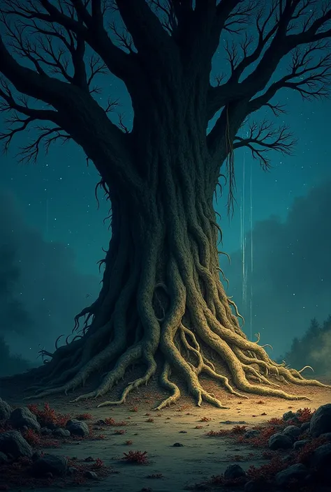 The ground under the tree vibrates violently, dust and debris slowly falling down from the old tree roots. Let's have a night scene.