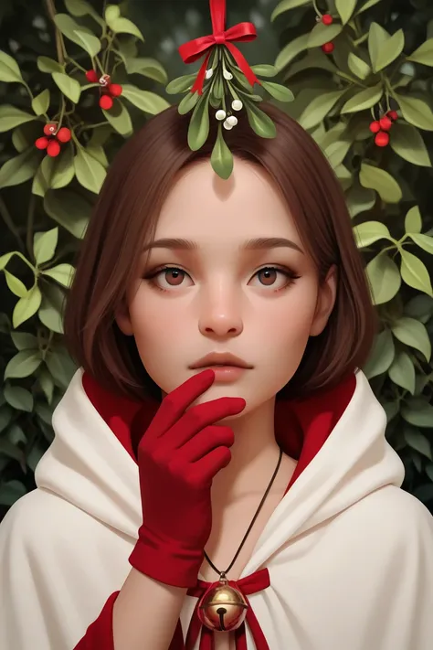 semi-anime boy 11years old, with brown hair and wearing red riding hoode robe with the hood down, wearing red gloves and a bell necklace. A green plant background, some few tiny red flowers,mistletoe, sketchy, dream aesthetic, natural light, dramatic, blea...