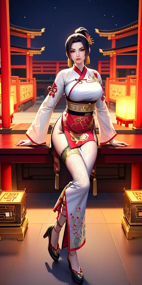 nighttime,full body,KOF:Mai Shiranui ,(((Wearing Transparent ancient Chinese palace embroidery clothing;Golden lace))), Jewelry ,Elegant sitting posture,Masterpiece,best quality,official art,extremely detailed, 3D, Cinema 4D,8k,photorealistic:1.4, ( ##colo...