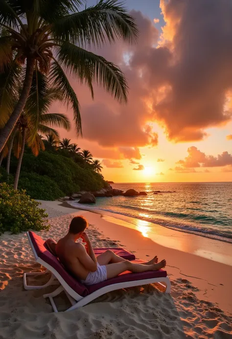 on the maldives beach at sunset, dramatic sunset sky, tropical beach with golden sand, palm trees swaying in the breeze, people relaxing on the shore, waves gently lapping the coastline, high resolution, photorealistic, professional photography, cinematic ...