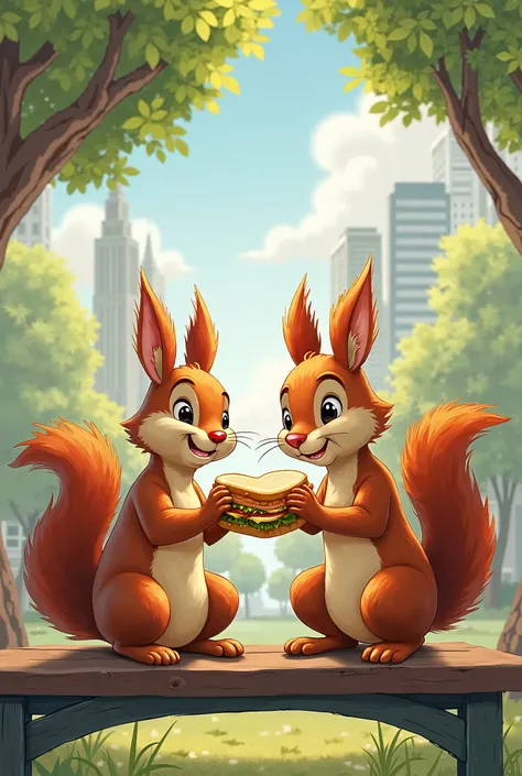 **Title: "The Great Sandwich Swap"**

In a bustling park, two squirrels, Nutty and Crunch, are sitting on a bench, each holding a sandwich. Nutty eyes Crunch’s sandwich, a giant peanut butter delight, while Crunch gazes longingly at Nutty’s sandwich—a chee...