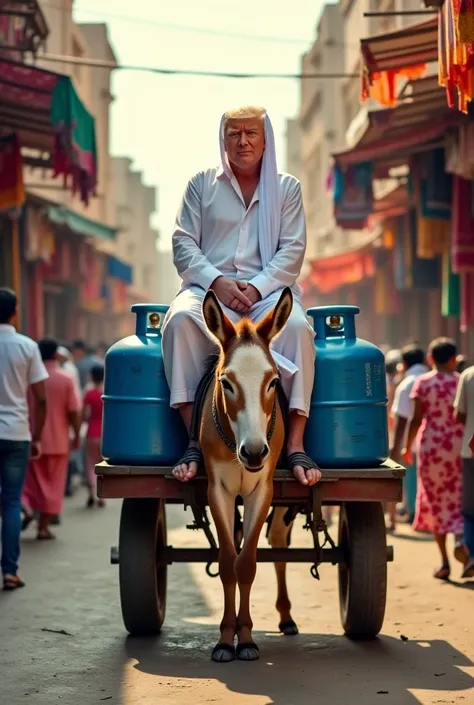 A cart pulled by a donkey travels slowly in a crowded market street, loaded with blue gas cylinders, draws attention while Donald Trump sits on top of it directing the animal. wearing a traditional robe and a white headscarf. He merges into his vibrant sur...