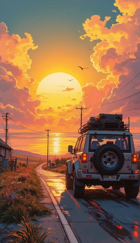 A car running towards the sunset(4WD)'s art, The roof carrier is loaded with luggage,the road continues into the sunset,Emphasize perspective ,the part close to the sunset、the farther part spreads, the sunset is reflected on the ground or water surface(Pa...
