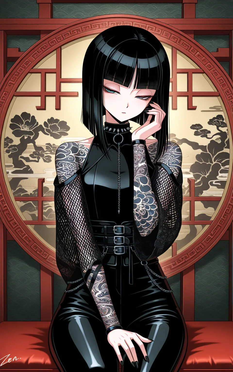 punk, cool beauty, solo woman, black hair, slender body, half-closed eyes, rest, Japanese exotic fashion, Zen motif room, geometric, 