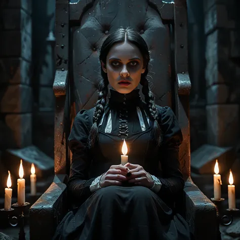 "Close-up of a young witch in the style of Wednesday Addams from The Addams Family, sitting on a dark throne, looking directly at the camera with a mysterious and intense gaze, wearing a black gothic dress with a high collar, long braided hair, holding a r...