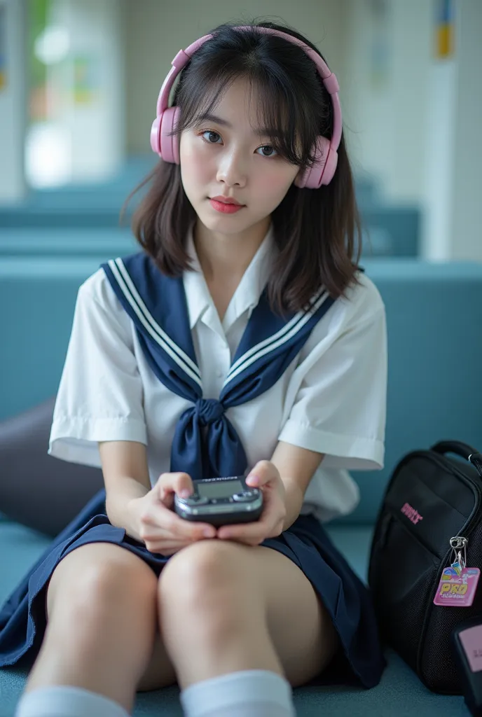 A young woman sits alone in a dreamy atmosphere with a blurred background (bokeh). Her eyes stare directly at the camera. She is wearing a Thai school uniform, white panties peeking out from a dark blue pleated skirt, and white knee-length socks. Her mediu...