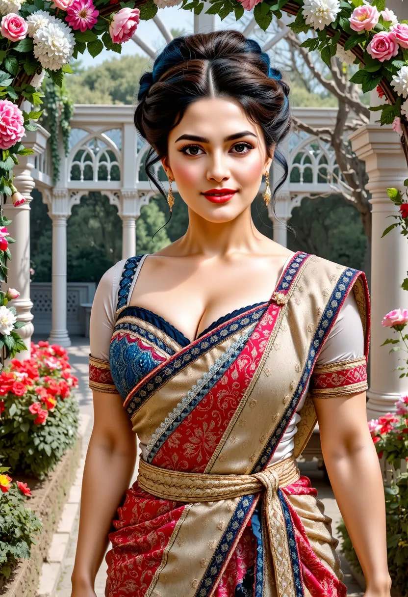 Hiba Nawab half body in 25  years old photography, perfect age, ultra realistic face, (((Stunningly Beautiful persian Princesss ))), elegant blue black updo hair, sweet smile, Beautiful bride posing under a fairy tale arch of exotic magical flowers, (((rea...