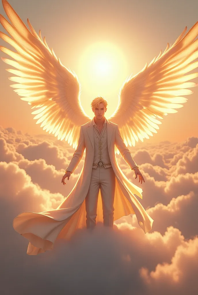 Normal blonde hair gental young handsome Man in the sky with his light wing spread, formal  normal man cloth, hands normal. In full sky, side sun's rays, from far away, fighting stand in magic spahere in fight hand aim forward
