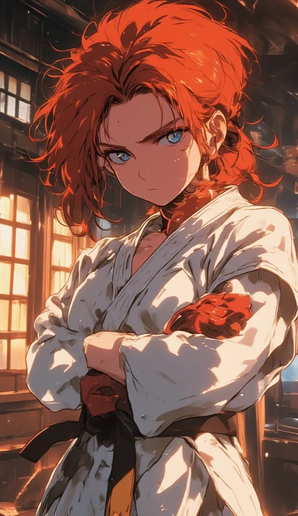 A highly detailed anime-style illustration of a young martial artist with vibrant red hair tied in a loose braid, wearing a traditional white gi with a black belt. Her piercing blue eyes and determined expression convey strength and focus. She stands confi...