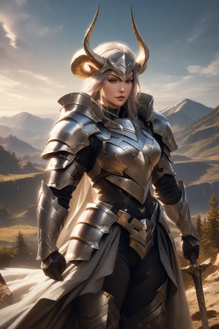 A hero wearing a technological gray sheep armor with horns 