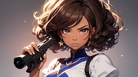 18 year old girl, African American, solo, magical girl, brown hair in an afro, brown eyes, ebony skin, holding a colorful duo pistol, serious face, wearing a Stars and Stripes magical girl dress, looking at viewer, plain gray background.