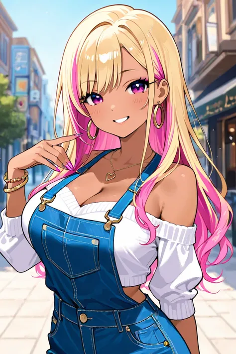 Portrait of a half American Half Japanese, gyaru, dyed blonde hair, cute clothes, gyaru fashion, slim body, tiny waist, cleavage, glitter, jewellery, big breasts, sparkly nails