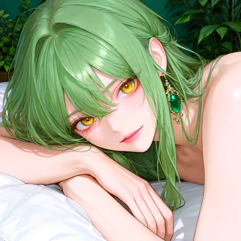 4k , 8k , High quality , HD , (only 1 female) , short random hair color with yellow eyes , green house environment , novel , manhwa , good focus , hair details , very anime eyes detais , ร่างกายสมส่วน , anime eyes , good figured , see the Torso , ((lying p...