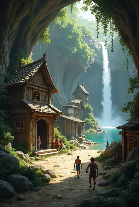 The village of the rebels is in a cave, hole, Trees houses with little windows, waterfall in the background. 