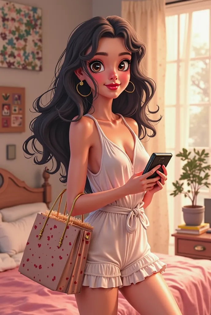 female cartoon with dark hair, inspired by Disney, she is happy shopping online and with cute and feminine details. With details that make her understand that she is shopping. The atmosphere of a Pinterest style bedroom.