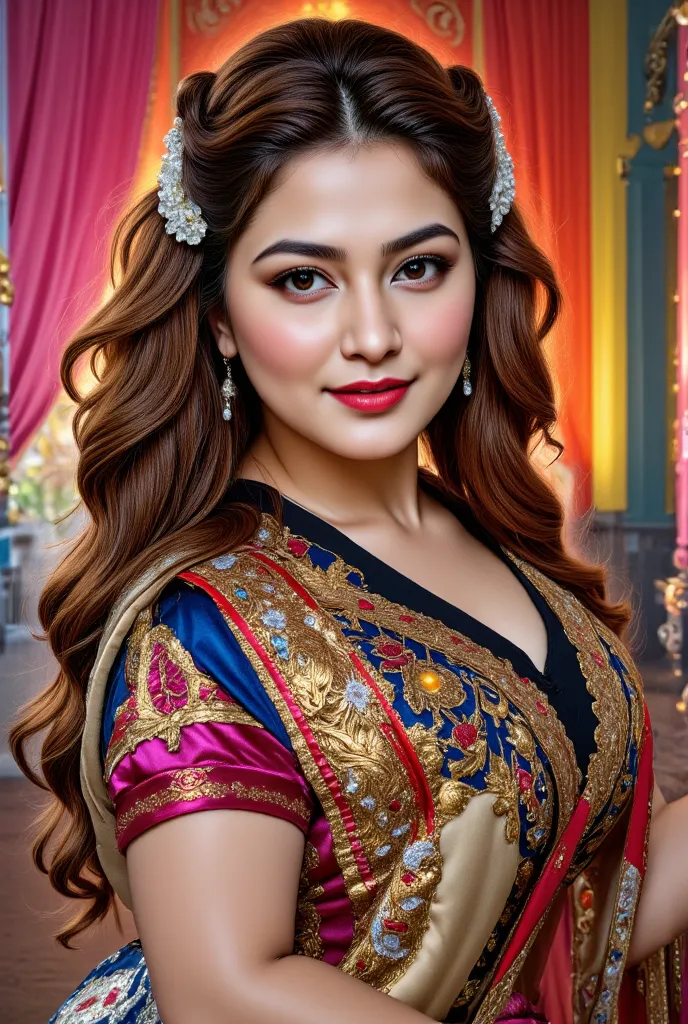 A half body of confident-looking Bangladesh woman with long and thick hair, (masterpiece, best quality:1.2), looking at viewer, hazel eyes, a smile on the face, royal and lusty look, posing like a professional model for a photoshoot, (((big breast))), perf...