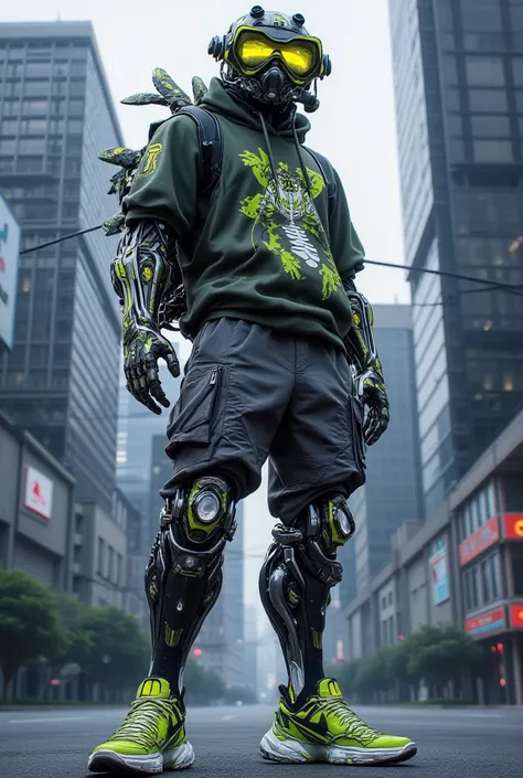 Anime guy with skyscrapers in the background,  costume: dark green sweatshirt, dark grey pants , green sneakers, diving goggles with yellow lenses, elbow pads and knee pads, fingerless gloves, toad head on a sweatshirt painted with black marker. 