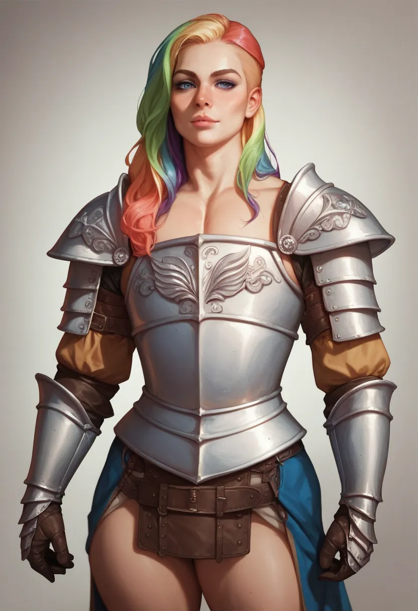 Androgynous, masculine chest, long rainbow hair, men, quadril grande, wide hips, thick thighs, seductive, realistic. Medieval Ambience, warrior armour. plate armor. 