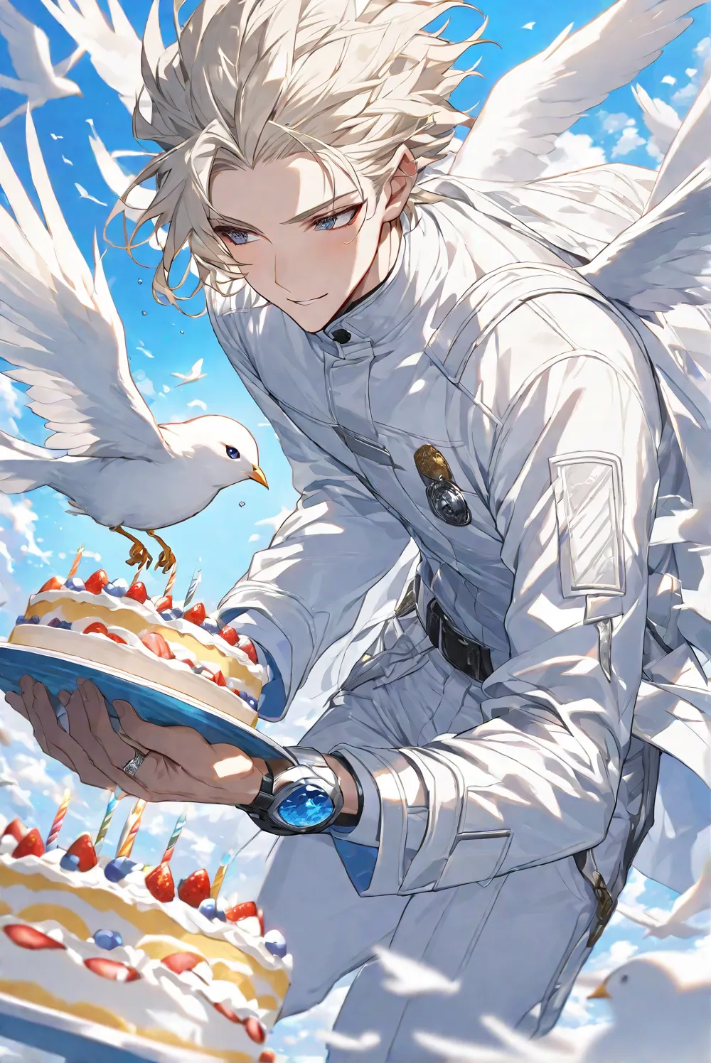 Male, White-Gold Hair, White Coat, Thin, Long Pants, Focus on Face, High Detail,flying white bird,wedding ring,Holding a birthday cake,Birthday