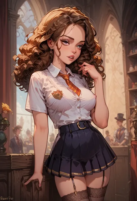 ( Masterpiece , top quality shirt, High resolution:1.2),  details, complex details, 4K,  perfect body , hermione, large breast, large ass, slutty lace lingerie,  lace stockings, lace choker , mini skirt, on the audience