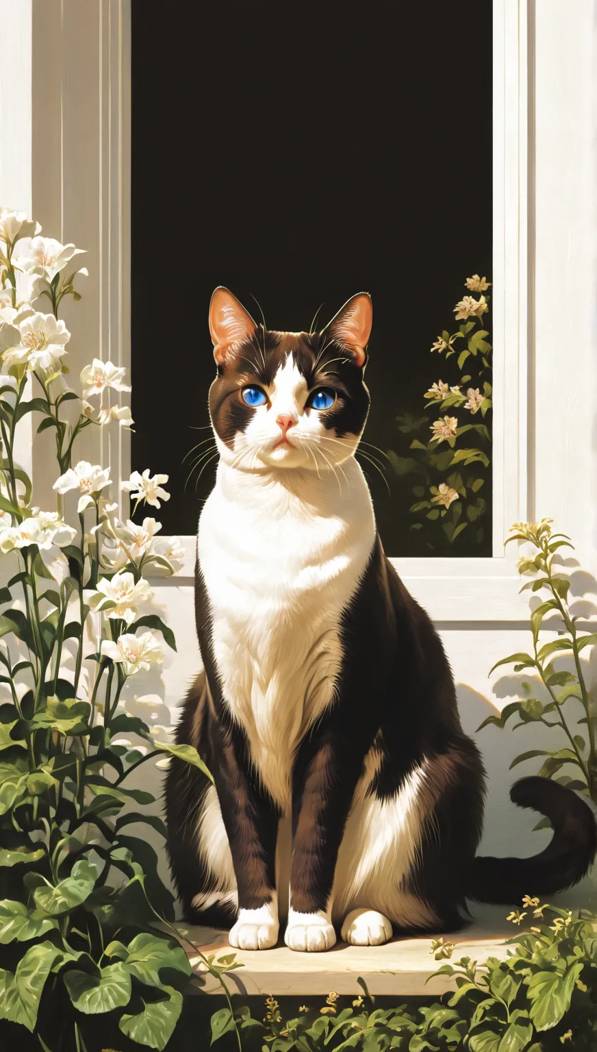 one Black-white tuexido cat with blue eyes, adult cat, slim cat