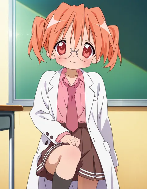 very aesthetic, high definition, amazing quality, masterpiece, best quality, highres, absurdres, sensitive, newest, anime screenshot, screencap, anime coloring, 1girl, solo, sakuraba hikaru, lucky star, orange hair, two side up, red eyes, white coat, pink ...