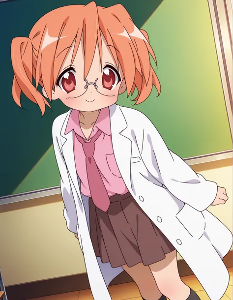 very aesthetic, high definition, amazing quality, masterpiece, best quality, highres, absurdres, sensitive, newest, anime screenshot, screencap, anime coloring, 1girl, solo, sakuraba hikaru, lucky star, orange hair, two side up, red eyes, white coat, pink ...