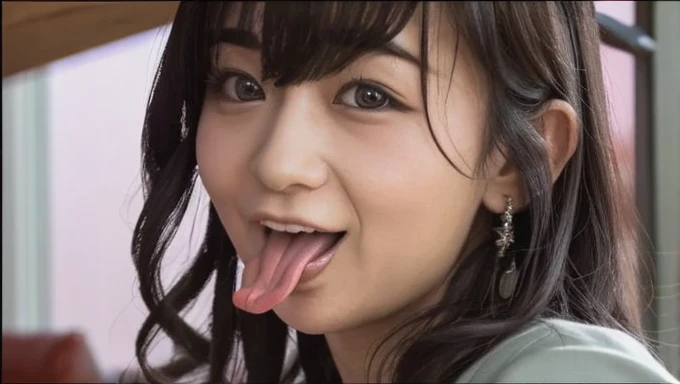 a close up of a woman sticking her tongue out while laying on a couch, Licking tongue, large tongue, tongue out, soft lulling tongue,  Closeup of Iwakura , Lick, mayuri shiina, Ayami、now, tongue,  shikamimi, Sana Takeda, slimy tongue,  Closeup of Iwakura 、...