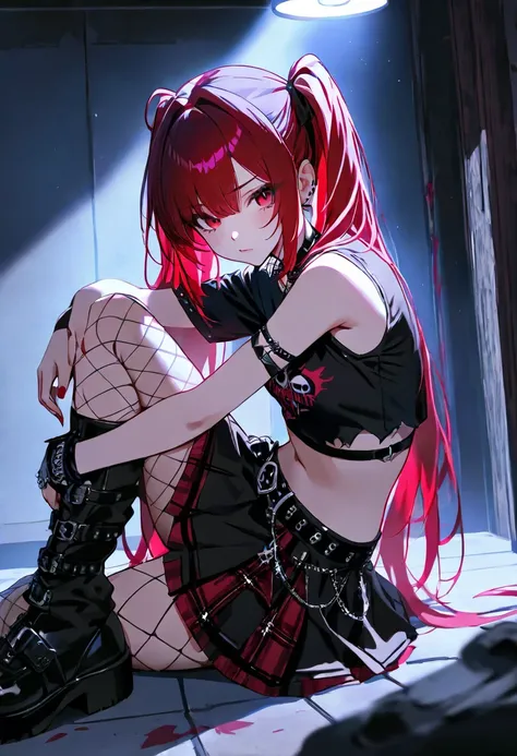 1girl, red hair, pigtails, emo outfit, red, black, white, shirt skirt, fishnet tights, gaiters, crop top, dark, high score, absurdres