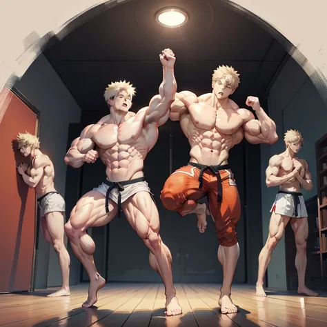 ( A detailed drawing of bakugo , Bodybuilding-Fitnessstudio.), With a naked torso, huge muscular body, wer Body, big Bizeps, big shoulders, Muscle legs,abs, Barefoot, Martial arts, high step, Full body image, Rear view, side chest, barefoot souls, Karate K...