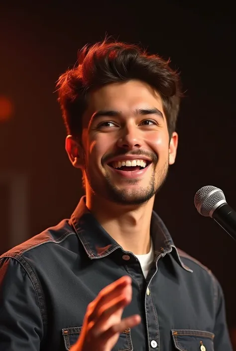 smiling 20-year-old young man speaking into microphone looking straight ahead with the microphone