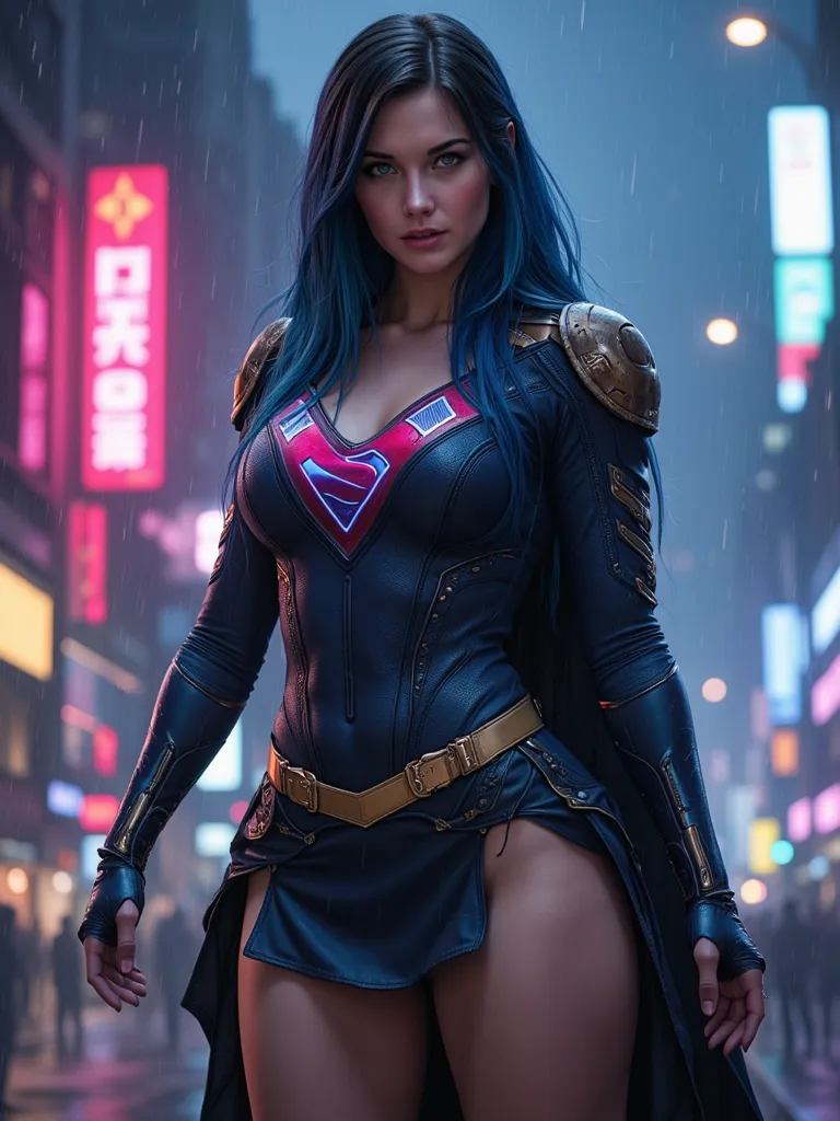 wisdom, courage and emphatic ,  half skirt Kara Zor-El as Supergirl ,  cosmic and legendary , intricate face, very pretty, with helmet,  long black and blue hair , Soft and shiny, moist skin, Clara e Branca ,  highly athletic and slender physique , large V...