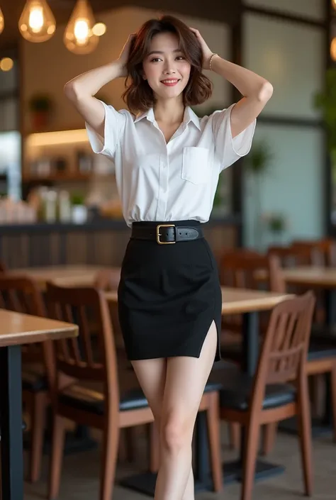 This high-quality photograph, A full body of a beautiful Thai woman 20 years old with short, wavy brown hair and light skin, looking at viewer, smile expression. She is dressed in short sleeve white collared shirt , hi-gross black university belt, short pe...