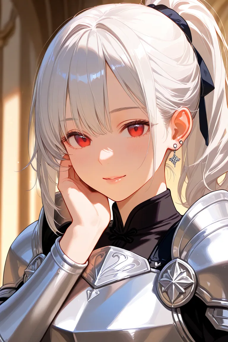 masterpiece, best quality, amazing quality, absurdres, high resolution, highly detailed, depth of field, body ratio, 1female, solo,Silver hair,one side up, red eyes, large breasts,Ponytail,armor