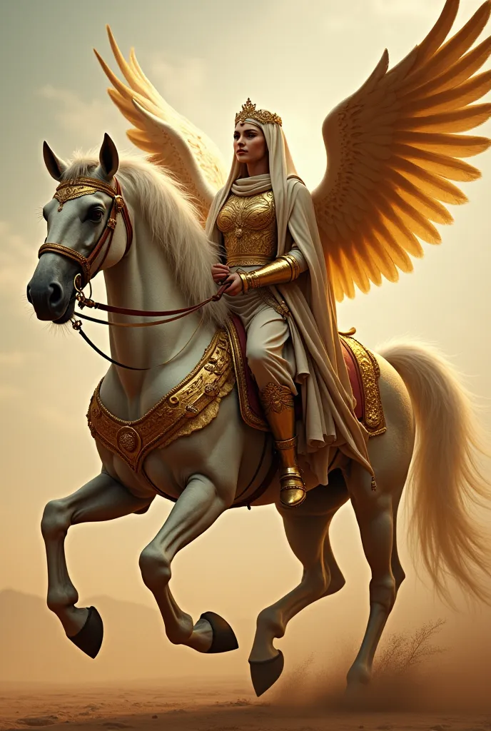 An animal of Islamic mythology ridden by the prophet Muhammad, an animal with 4 legs, large and beautiful wings, a long and beautiful tail, has a face like a beautiful woman wearing a hijab and a crown, and a body covered by a golden jirah like a female wa...