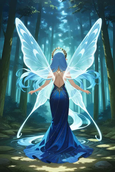 Make me a full body pose of a fairy, wearing blue clothes and wings, and long hair