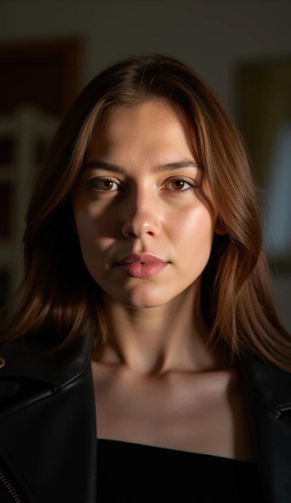 A highly detailed, ultra-realistic portrait of a [subject], captured with a full-frame DSLR camera. The subject has [specific facial features, e.g., high cheekbones, deep-set eyes, freckles] and wears [clothing style, e.g., a dark leather jacket]. Soft, na...