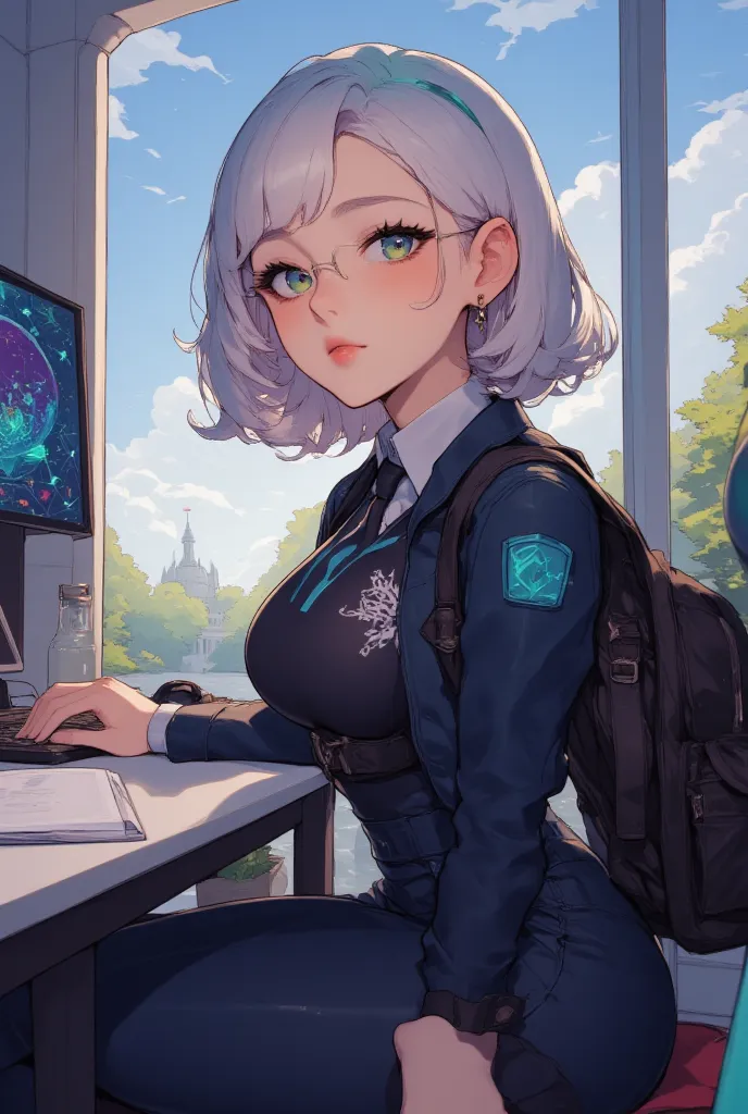 , a 20-year-old girl with a silver-white asymmetrical bob with a light purple tip as a highlight, bright green eyes, glasses and a trendy casual suit, confident and intelligent posture, sitting in front of a computer desk with a holo monitor. Gram is float...